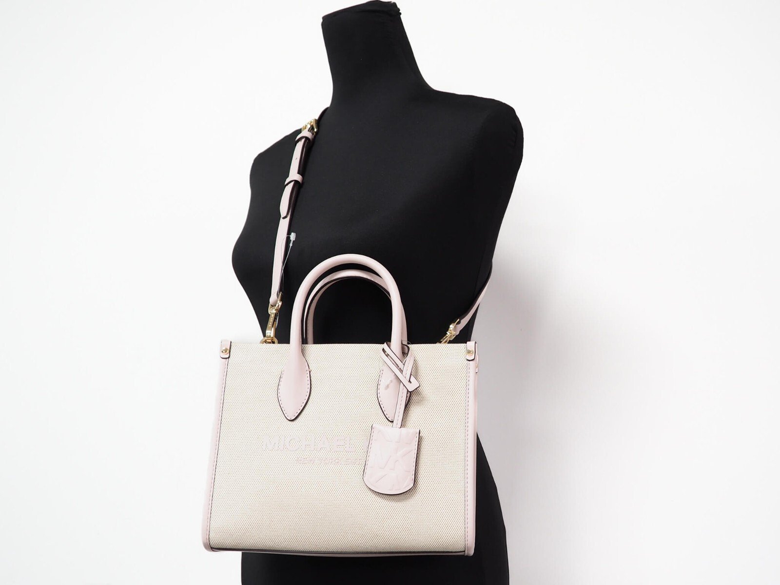 Michael Kors Mirella Small Powder Blush Canvas Shopper Crossbody Handbag Purse - Image 4