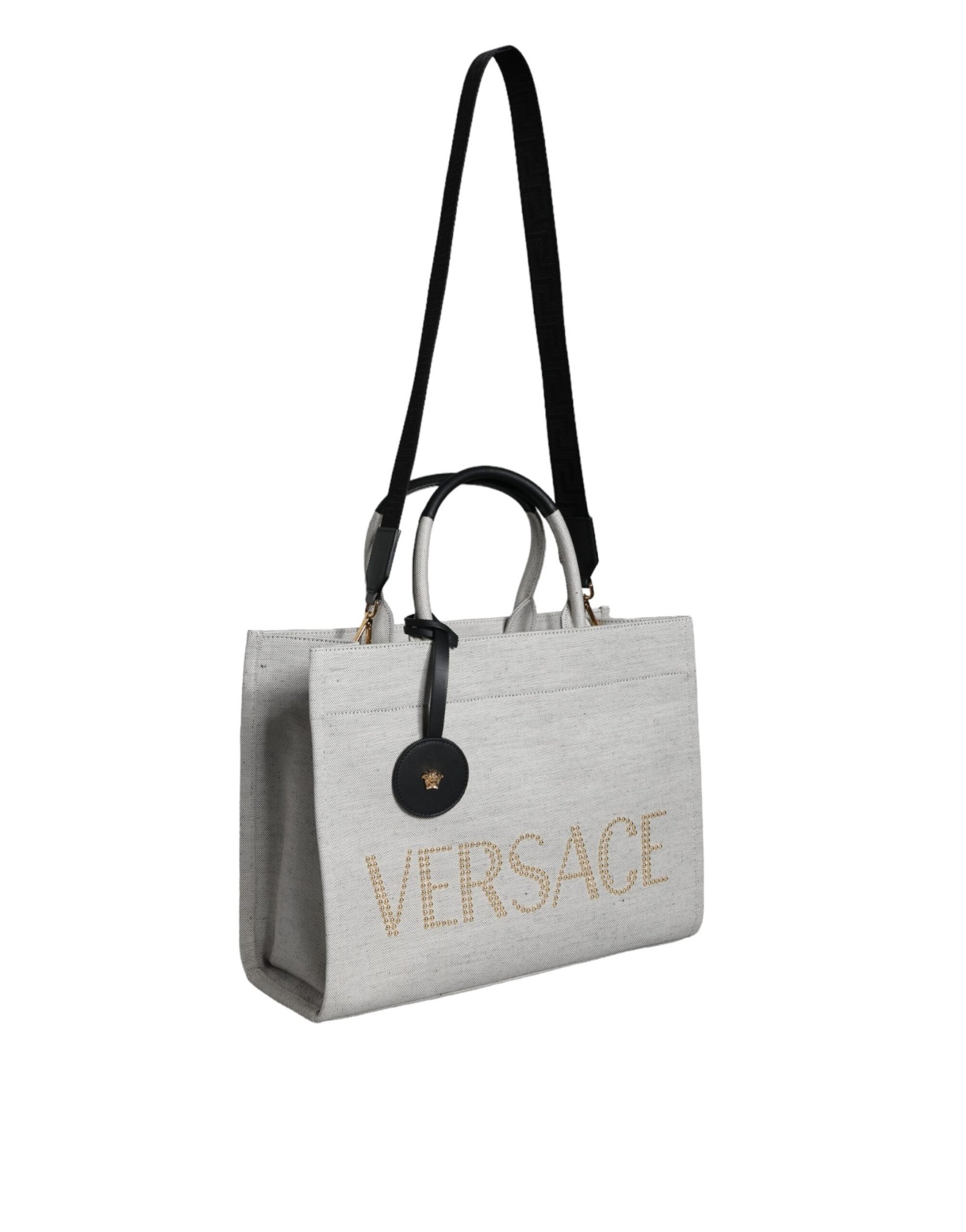 Versace White Top Handle Canvas Leather Logo Crossbody Tote Bag - Image 2