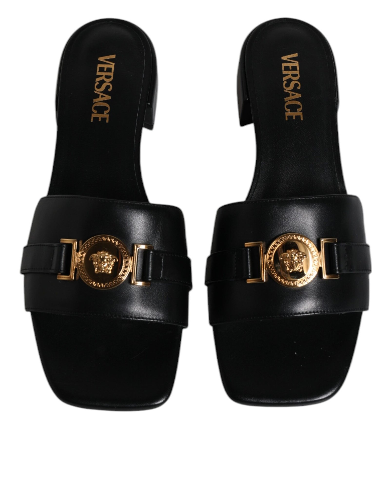 Versace Black Leather Logo Plaque Slip On Slides Flats Shoes - Image 2