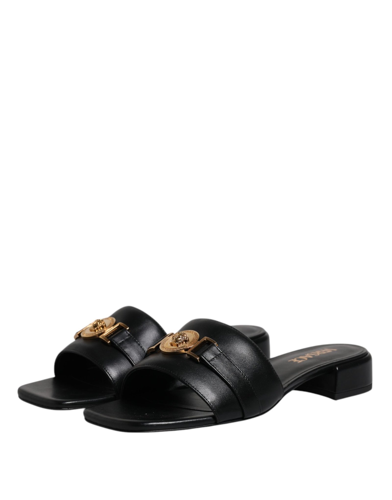 Versace Black Leather Logo Plaque Slip On Slides Flats Shoes - Image 3
