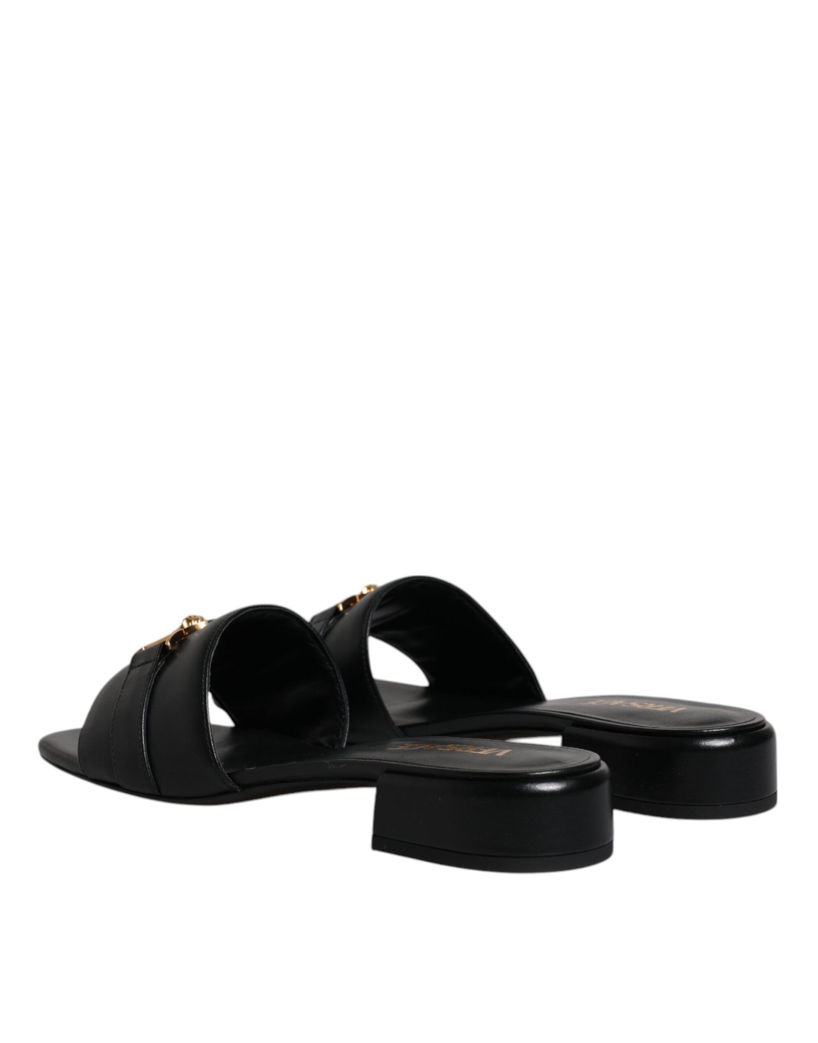Versace Black Leather Logo Plaque Slip On Slides Flats Shoes - Image 4