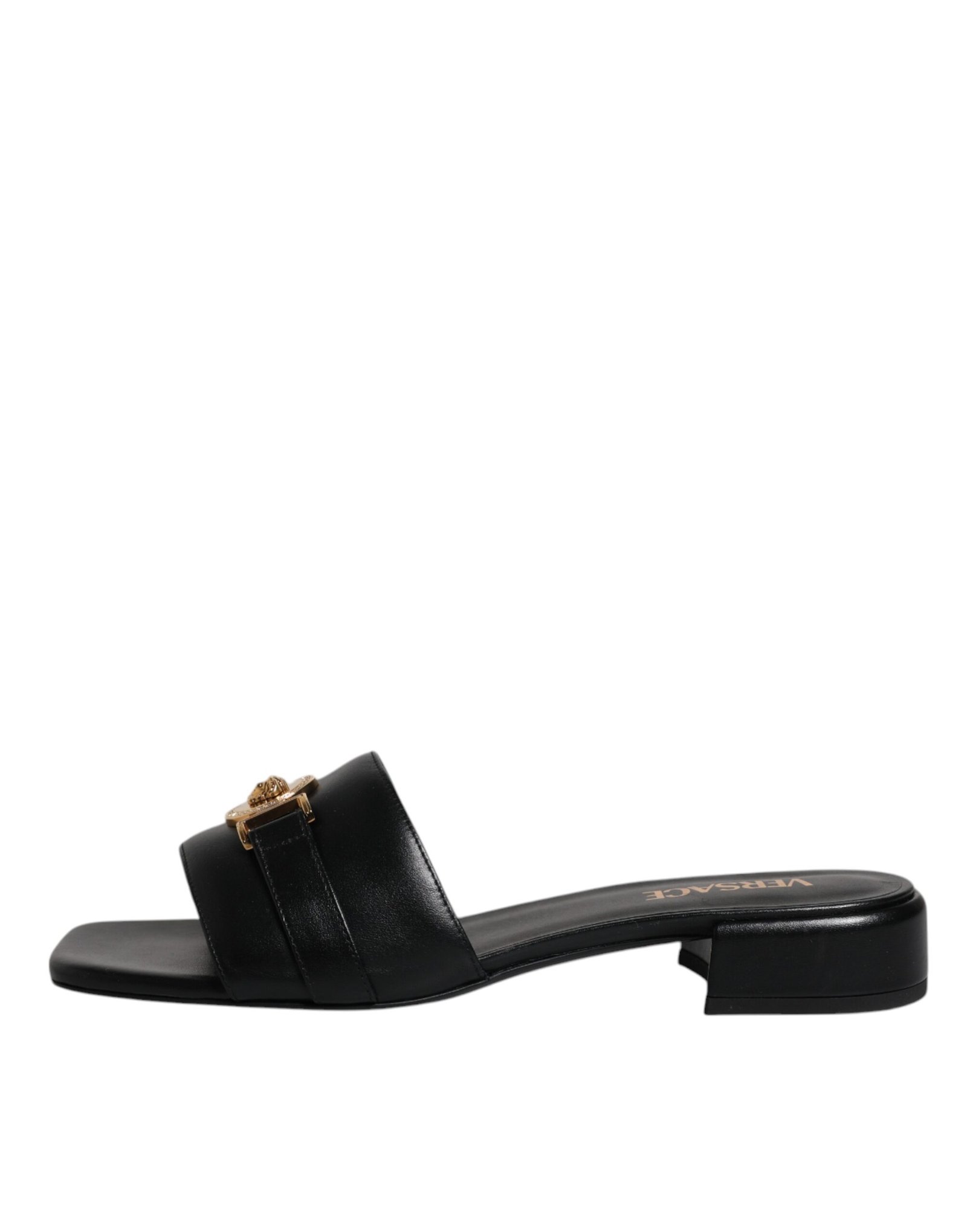 Versace Black Leather Logo Plaque Slip On Slides Flats Shoes - Image 5