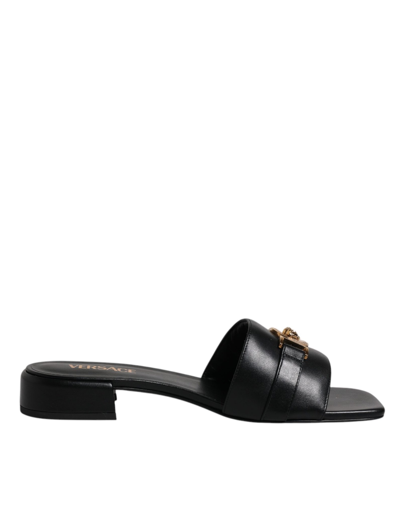Versace Black Leather Logo Plaque Slip On Slides Flats Shoes - Image 6